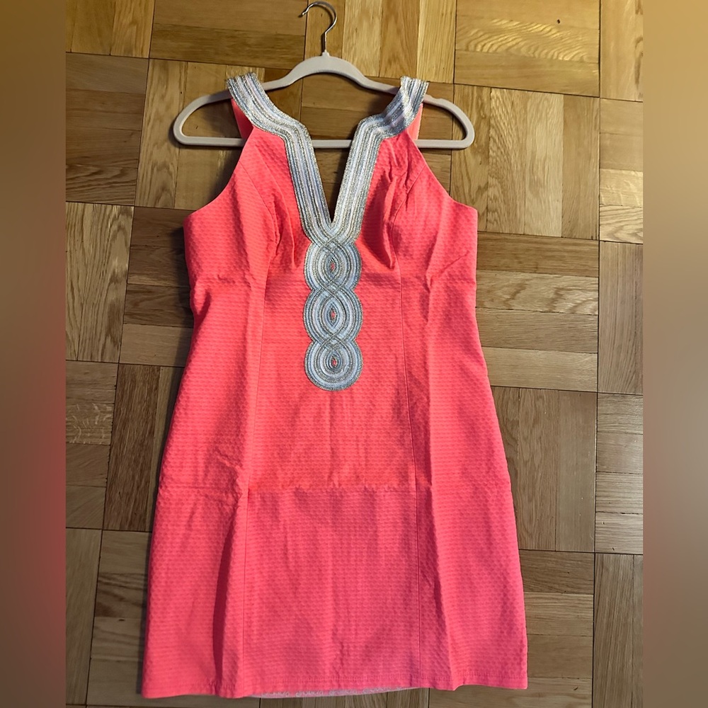 Coral Sleeveless Dress with Silver Embellishments